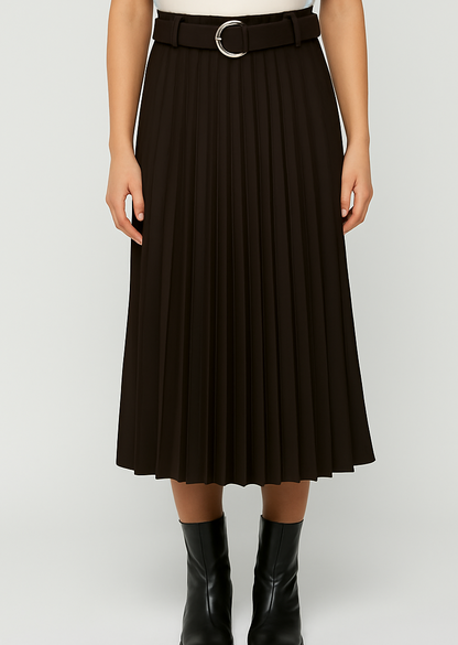 Brown Pleated Midi Skirt with Belt