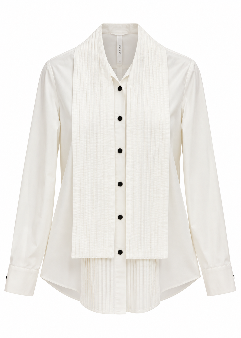 Ivory pintuck tie-neck blouse with black buttons