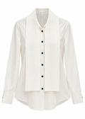 Ivory pintuck tie-neck blouse with black buttons