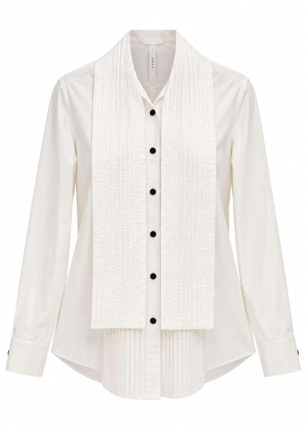 Ivory pintuck tie-neck blouse with black buttons