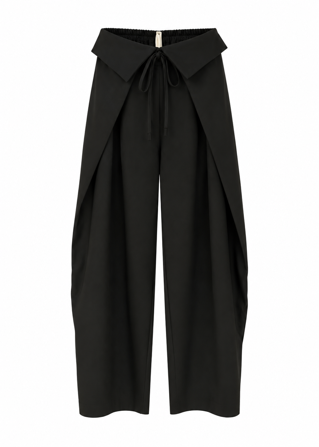 Black wrap-front wide-leg trousers with fold-over waistband
