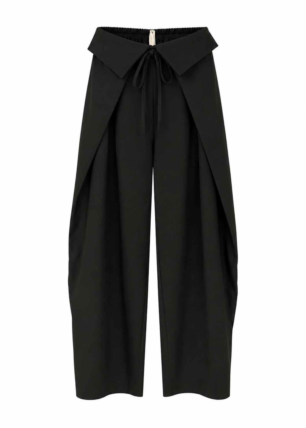 Black wrap-front wide-leg trousers with fold-over waistband