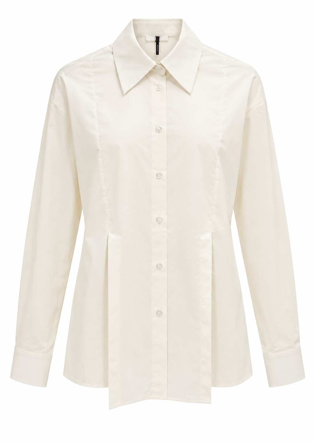 Front view of a white fitted button-front shirt with pointed collar and long sleeves