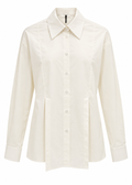 Front view of a white fitted button-front shirt with pointed collar and long sleeves
