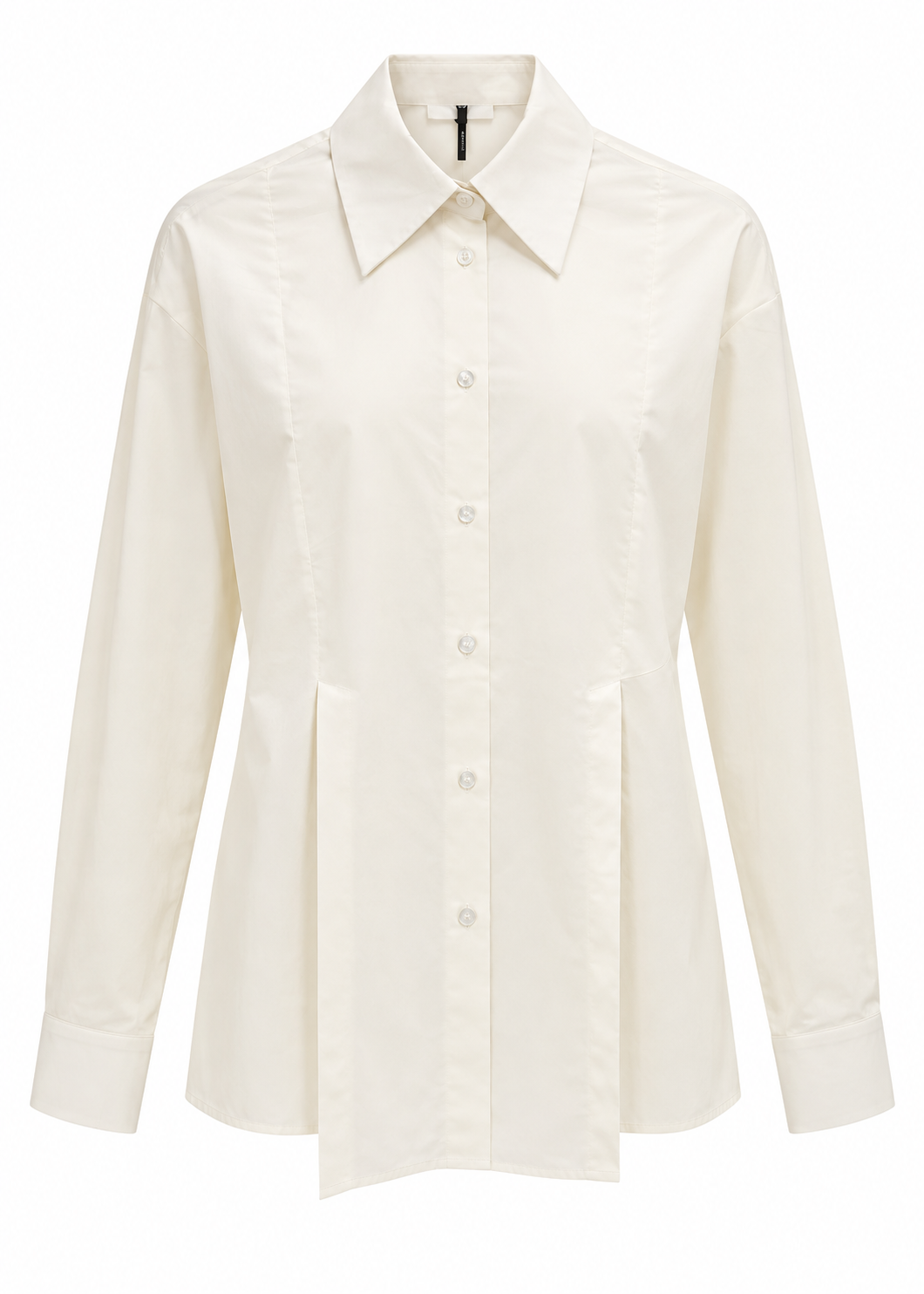 Front view of a white fitted button-front shirt with pointed collar and long sleeves