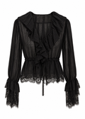 Black sheer ruffle wrap blouse