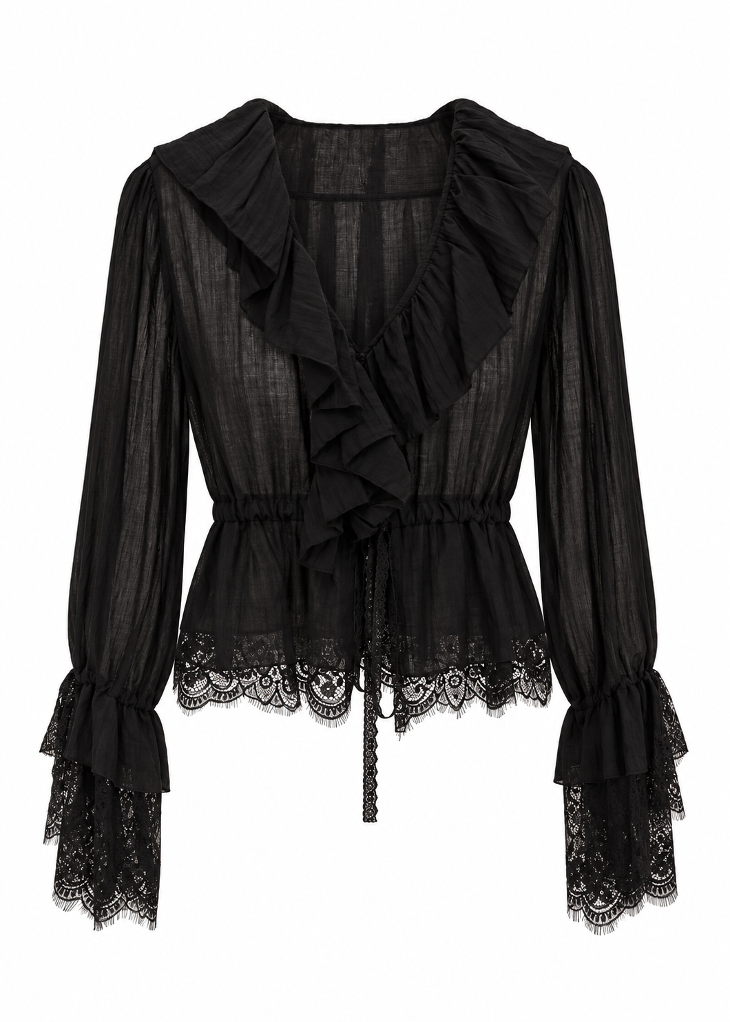 Black sheer ruffle wrap blouse