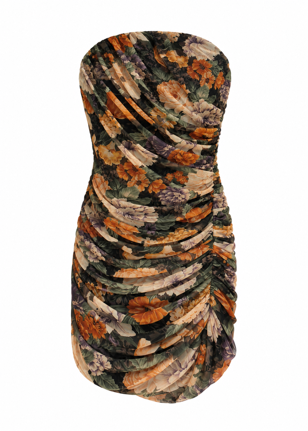 Floral ruched strapless mini dress
