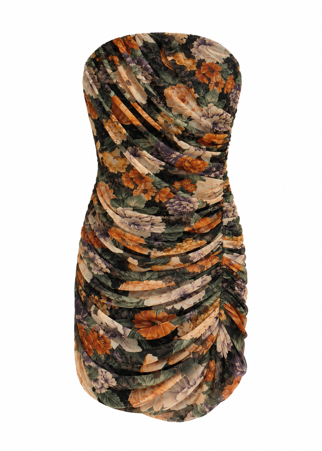Floral ruched strapless mini dress