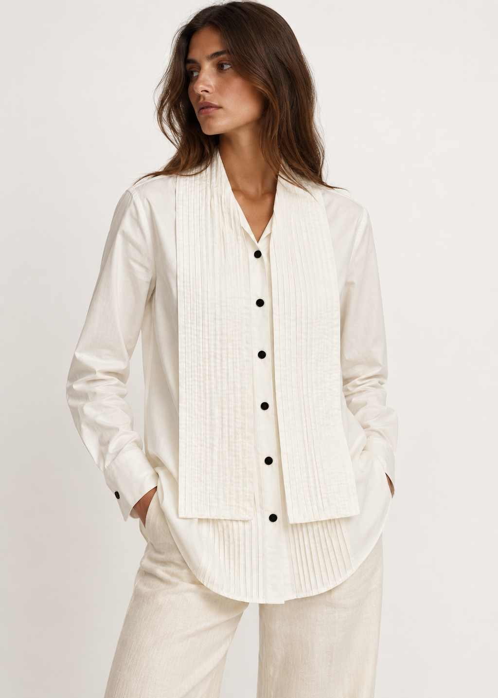 Ivory Pintuck Tie-Neck Blouse