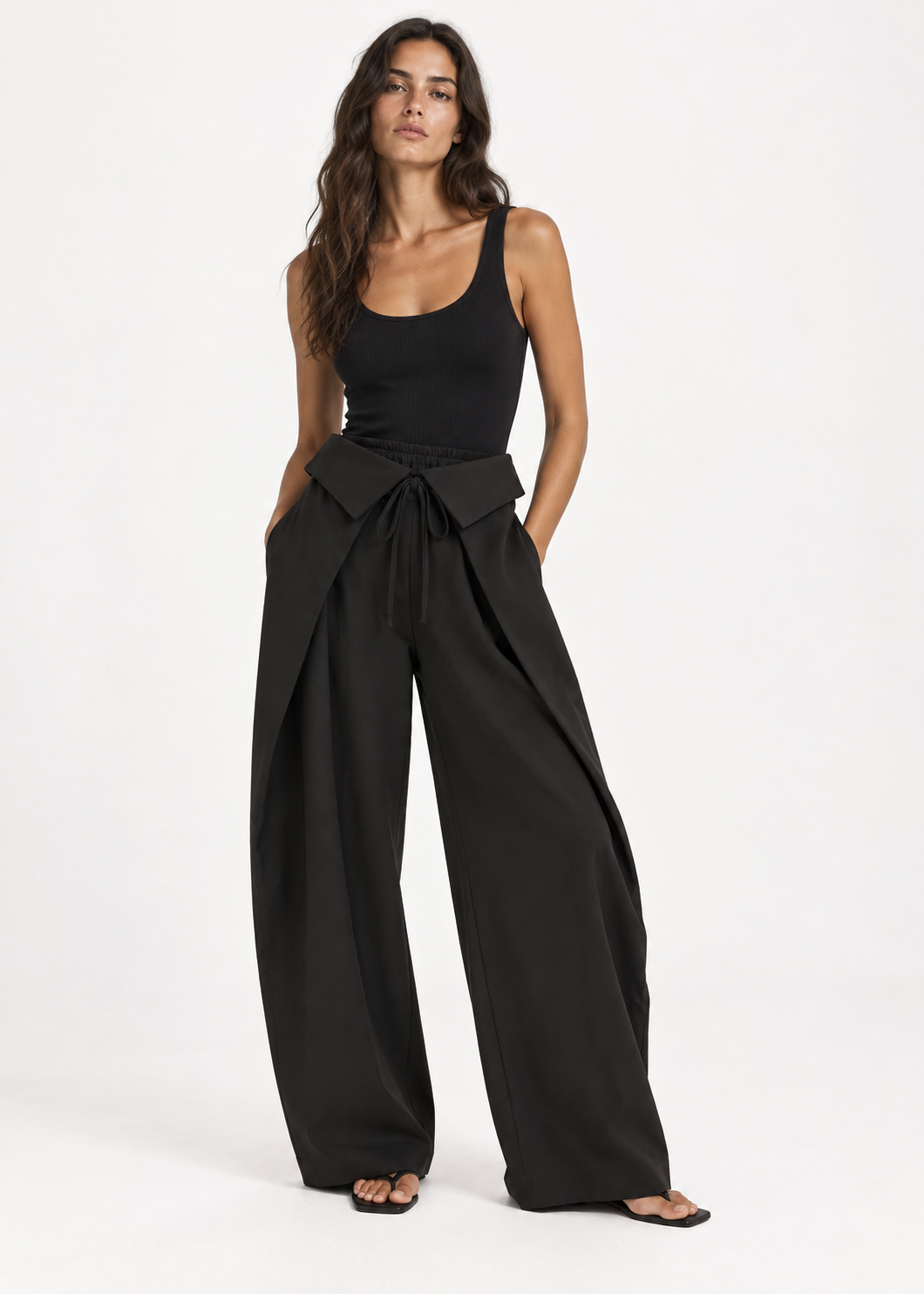 Black Wrap-Front Wide-Leg Trousers
