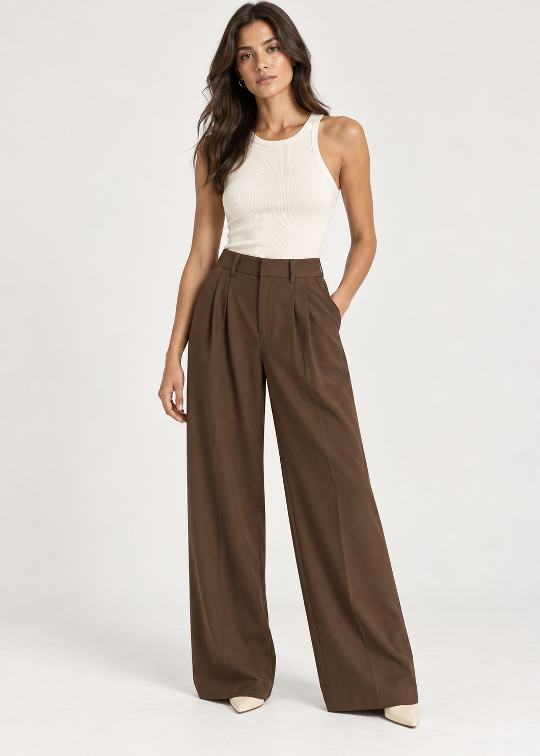 Brown Pleated Wide-Leg Trousers
