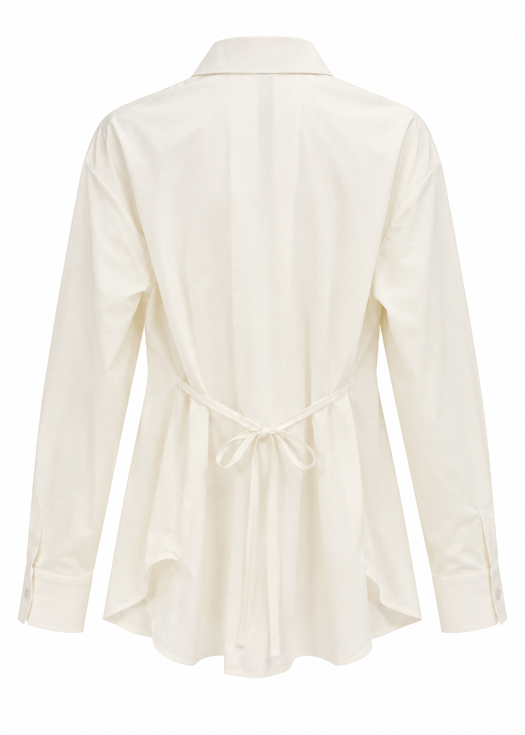 Back view of a white long-sleeve shirt with a tie detail at the waist