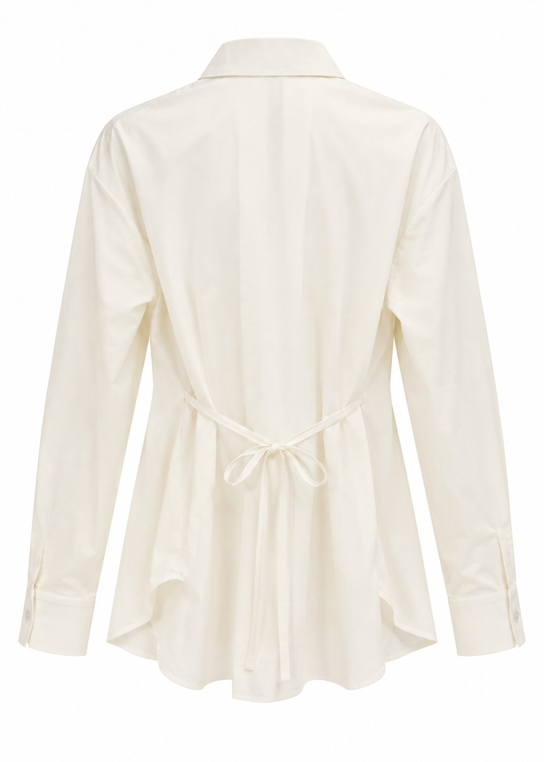 Back view of a white long-sleeve shirt with a tie detail at the waist