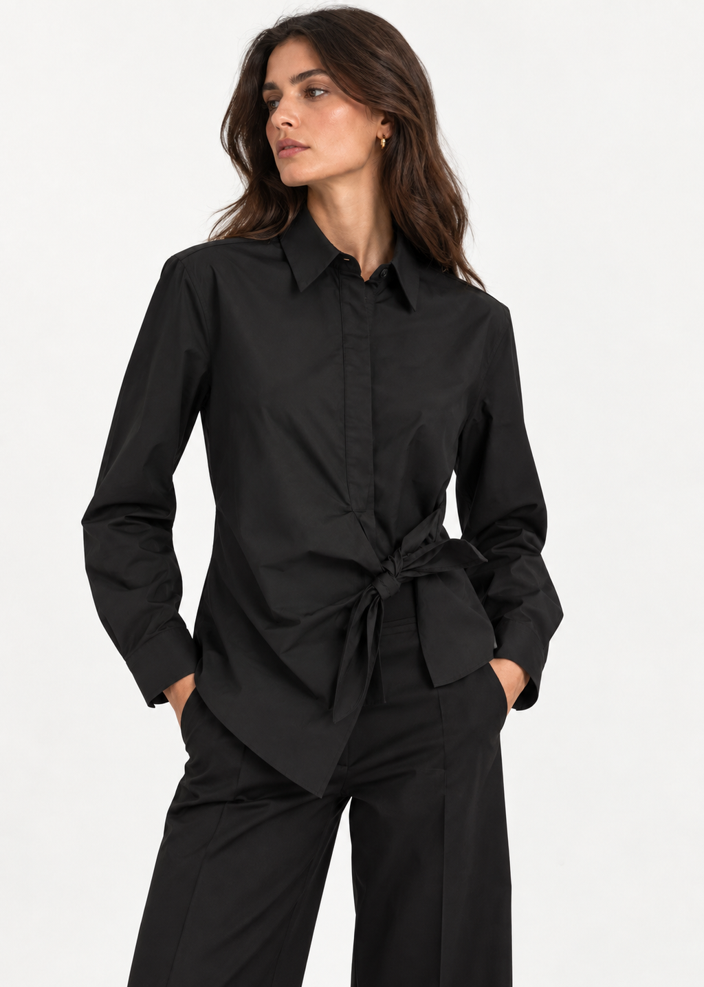 Black Tie-Front Asymmetric Hem Shirt