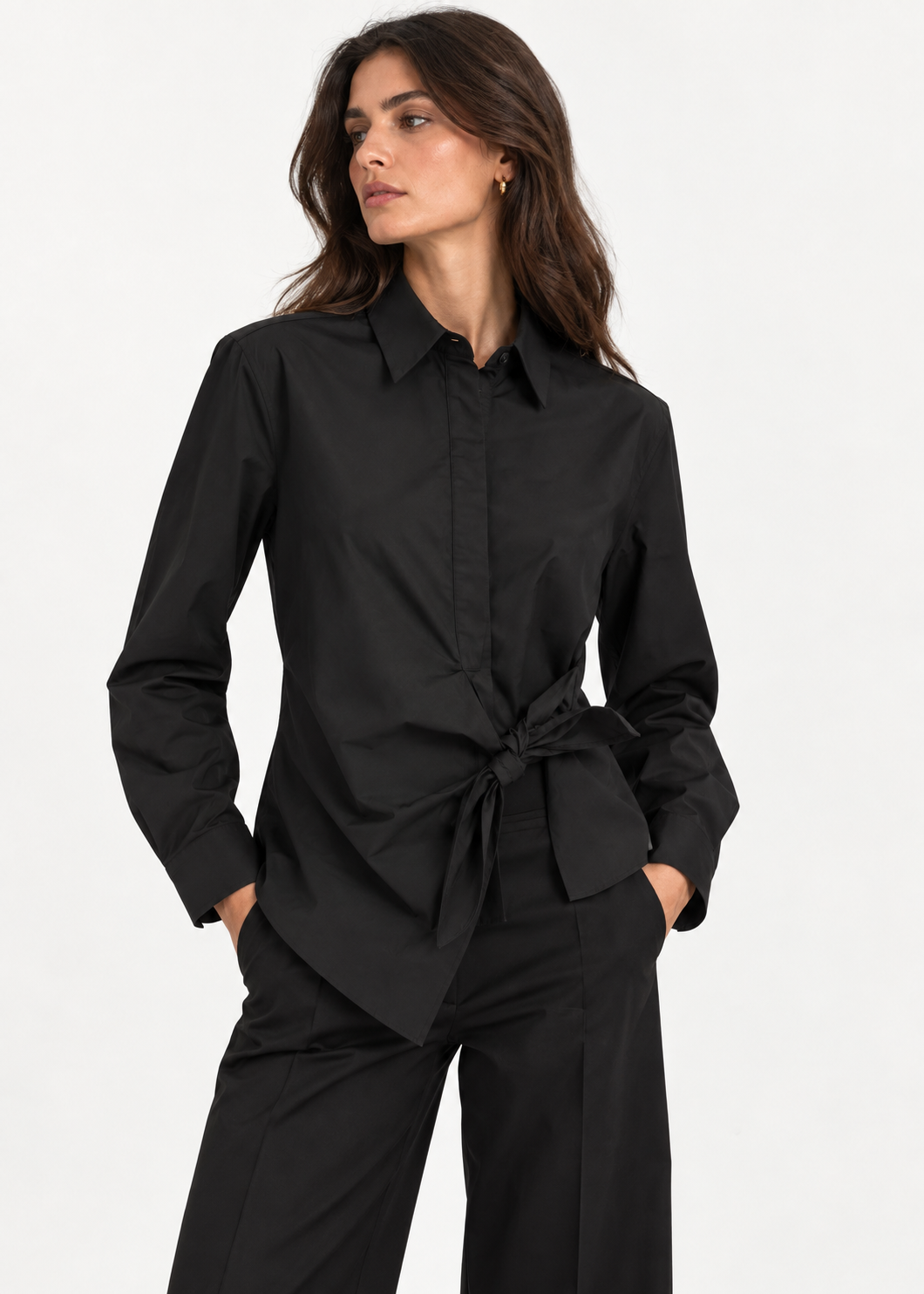 Black Tie-Front Asymmetric Hem Shirt