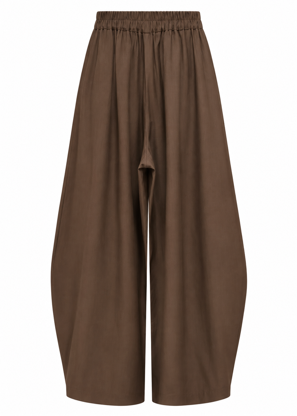 Back view of brown wide-leg trousers showing the gathered elasticated waistband