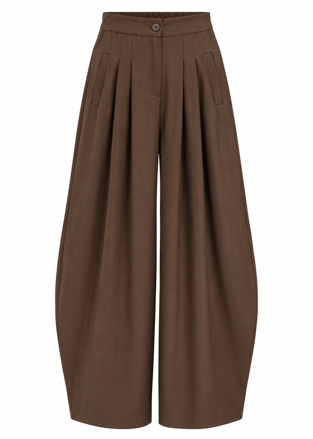 Model wearing brown high-waisted wide-leg trousers with front pleats and a full-length silhouette