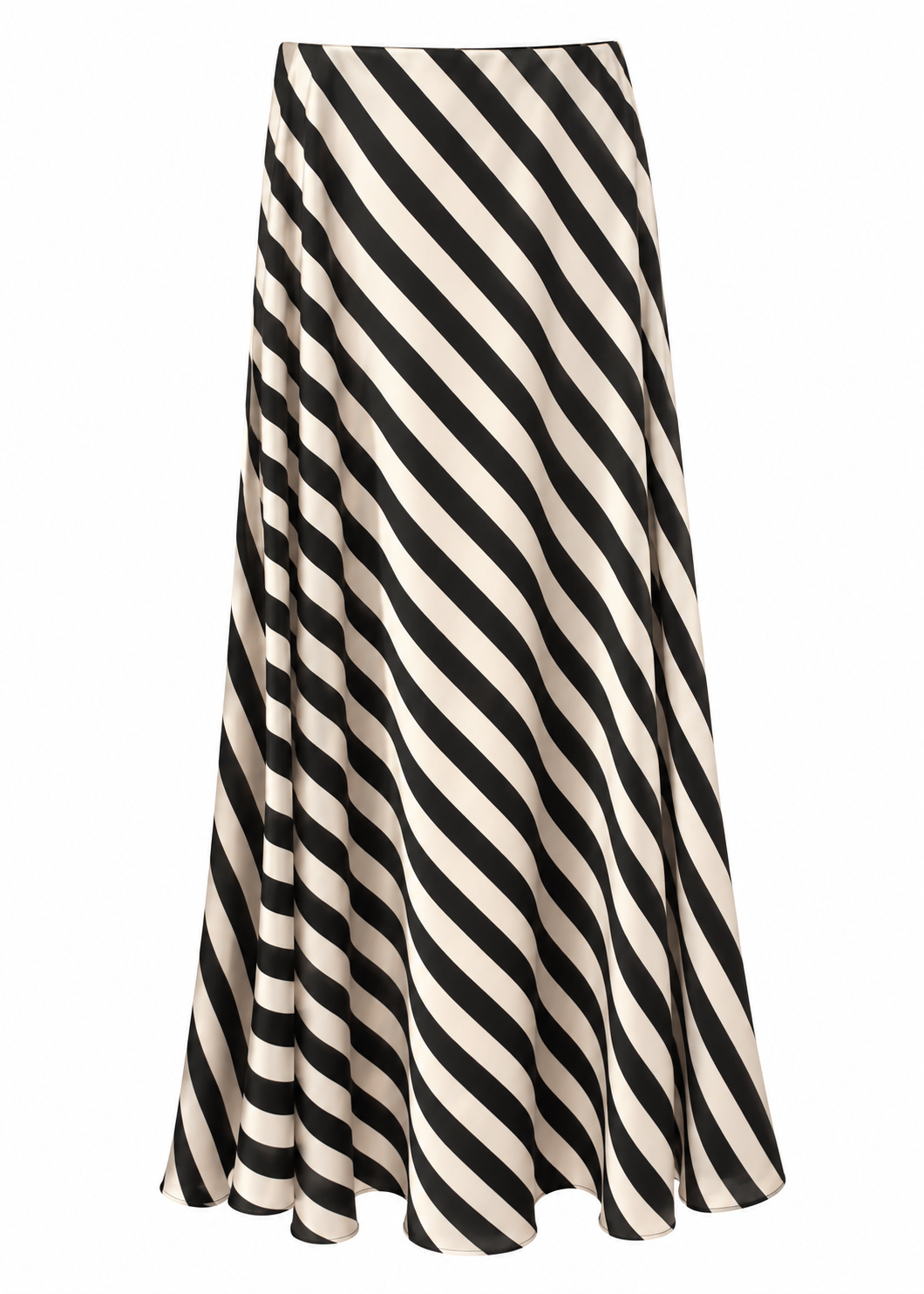 Black-and-cream diagonal-stripe midi skirt with a clean waistband and softly flared hem