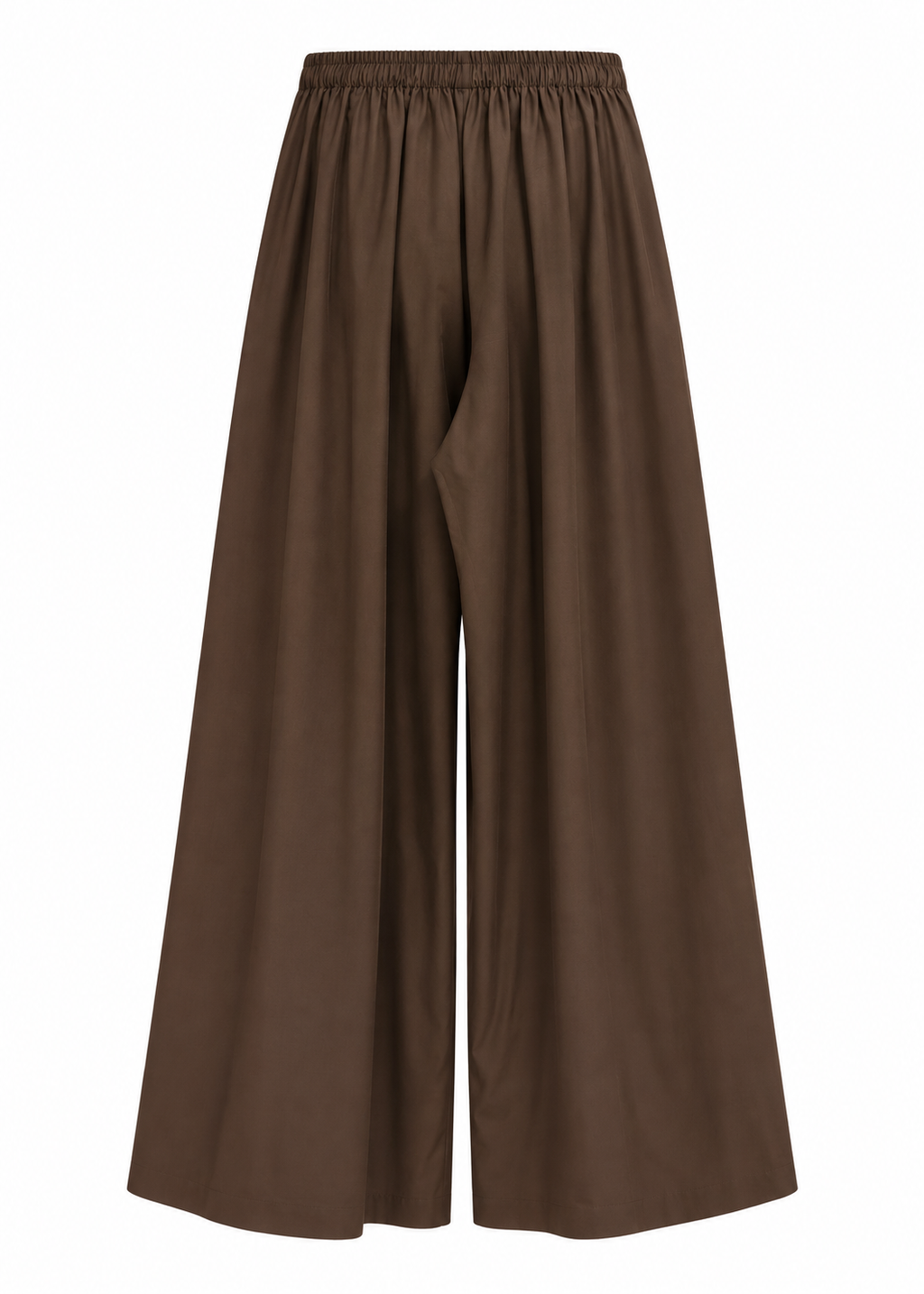 Model wearing brown high-rise pull-on trousers with a wide-leg silhouette and side pockets