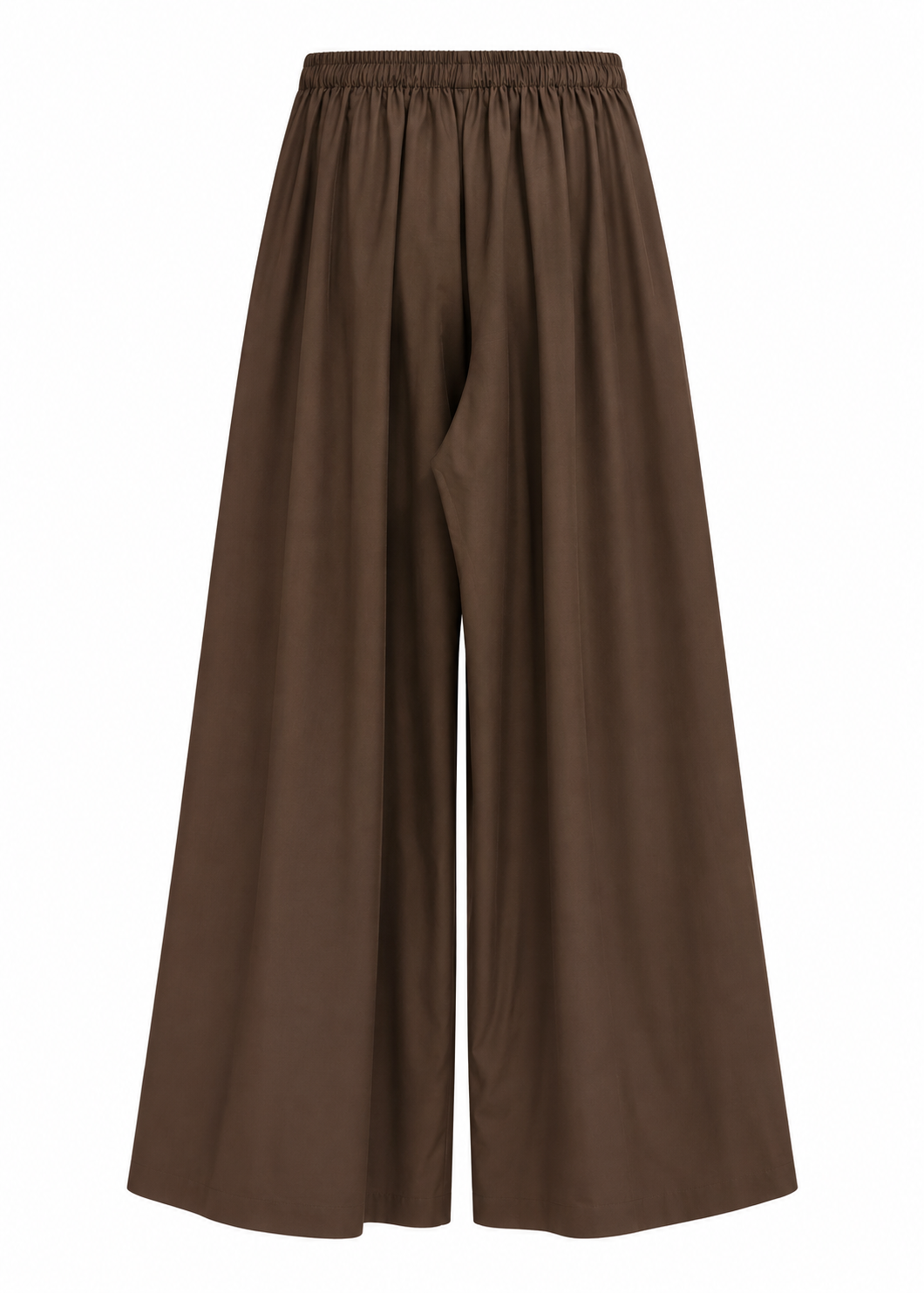 Model wearing brown high-rise pull-on trousers with a wide-leg silhouette and side pockets