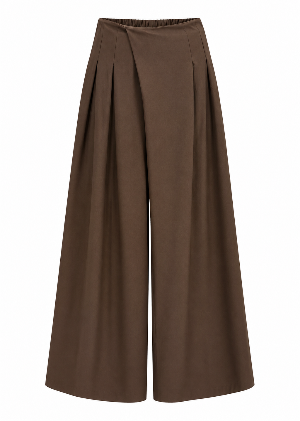 Front view of brown pull-on wide-leg trousers with a clean waistband and relaxed full-length legs