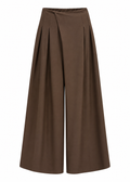 Front view of brown pull-on wide-leg trousers with a clean waistband and relaxed full-length legs