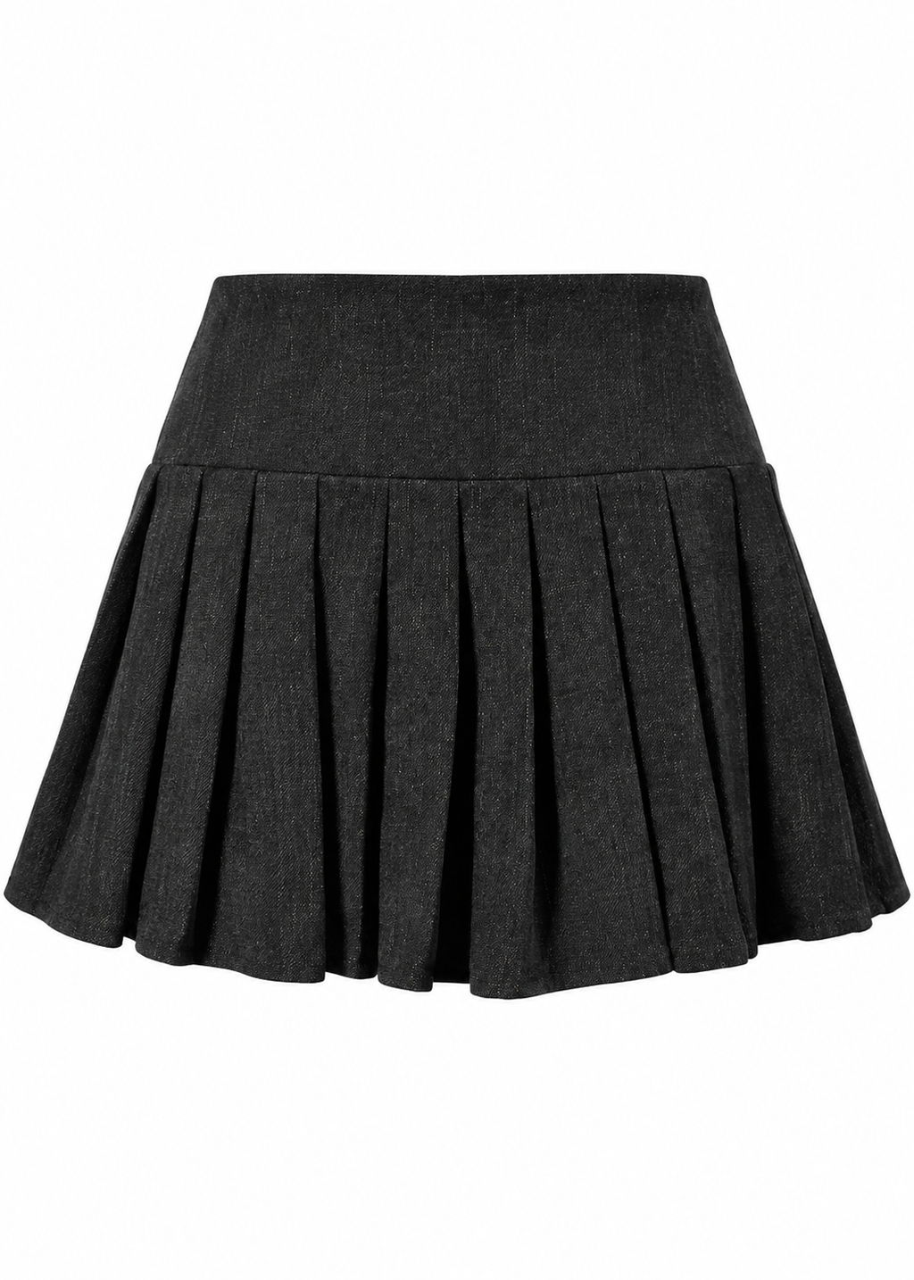 Model wearing a black pleated mini skirt with double buckle straps at the waist