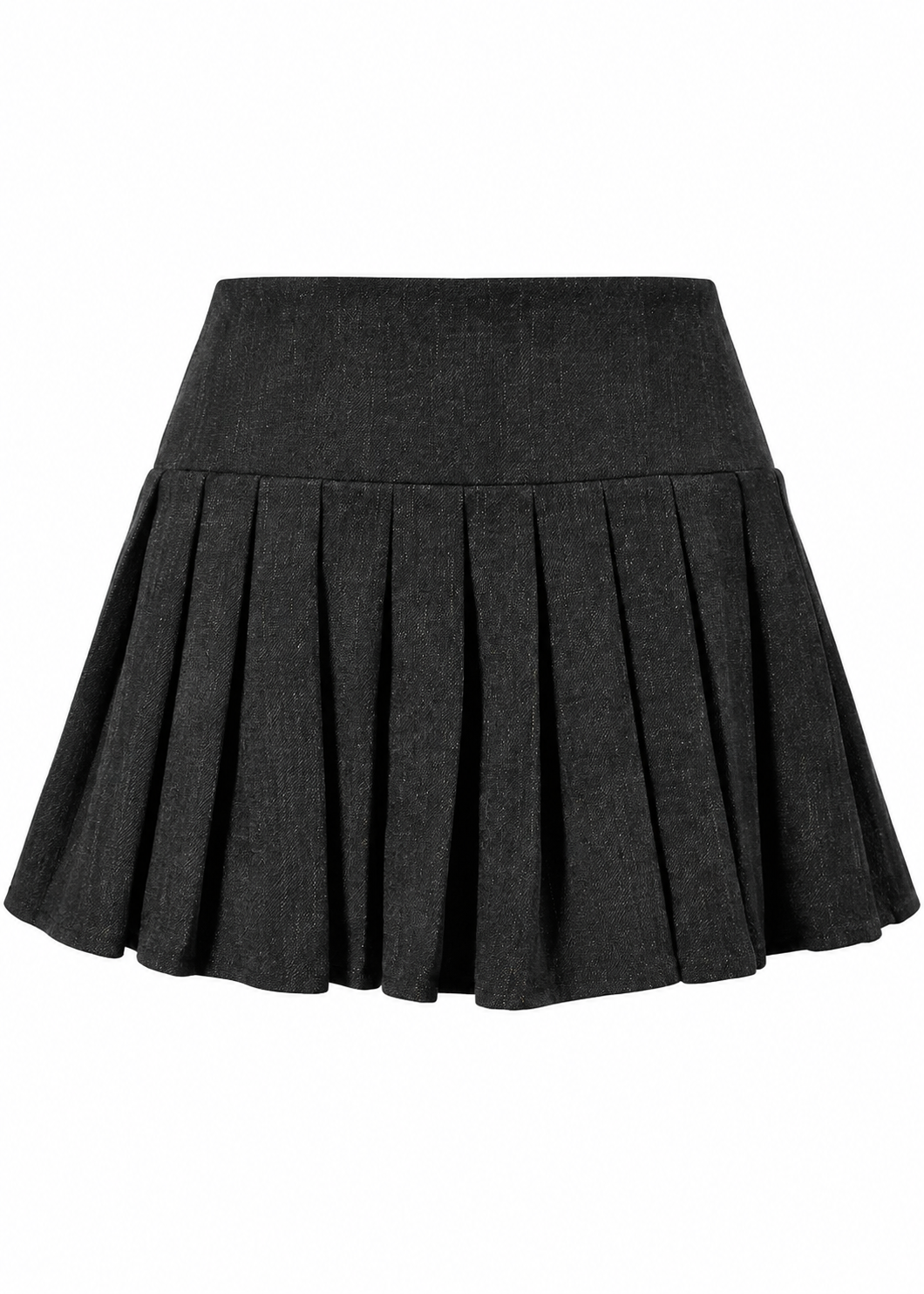 Model wearing a black pleated mini skirt with double buckle straps at the waist