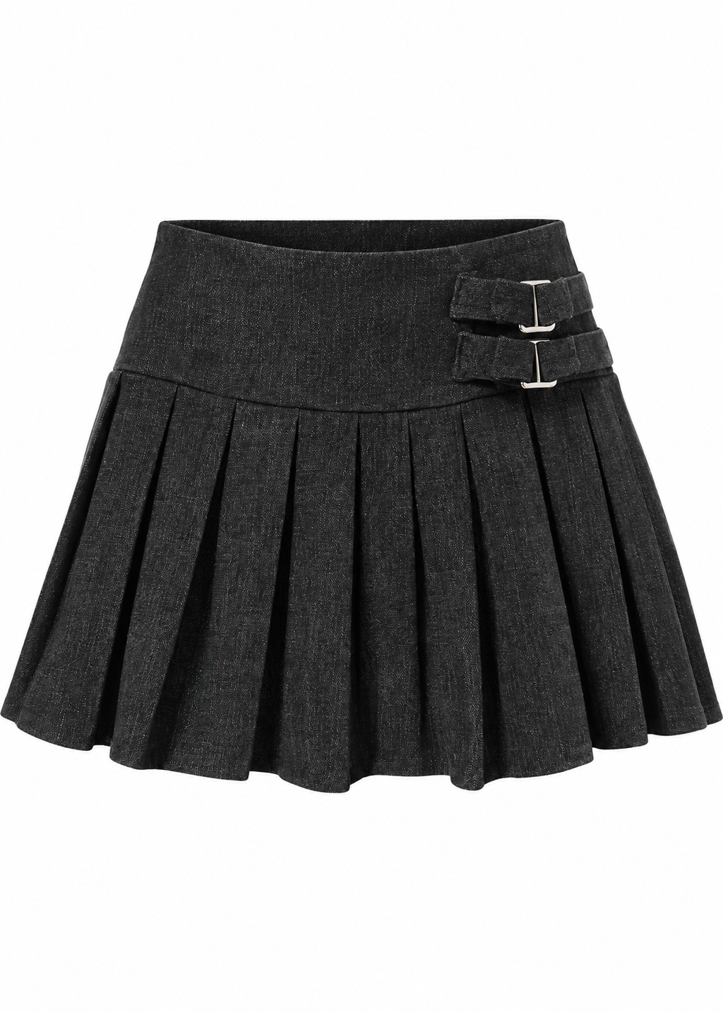 Front view of a black pleated mini skirt with a wide waistband and double side buckle straps
