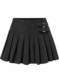 Front view of a black pleated mini skirt with a wide waistband and double side buckle straps