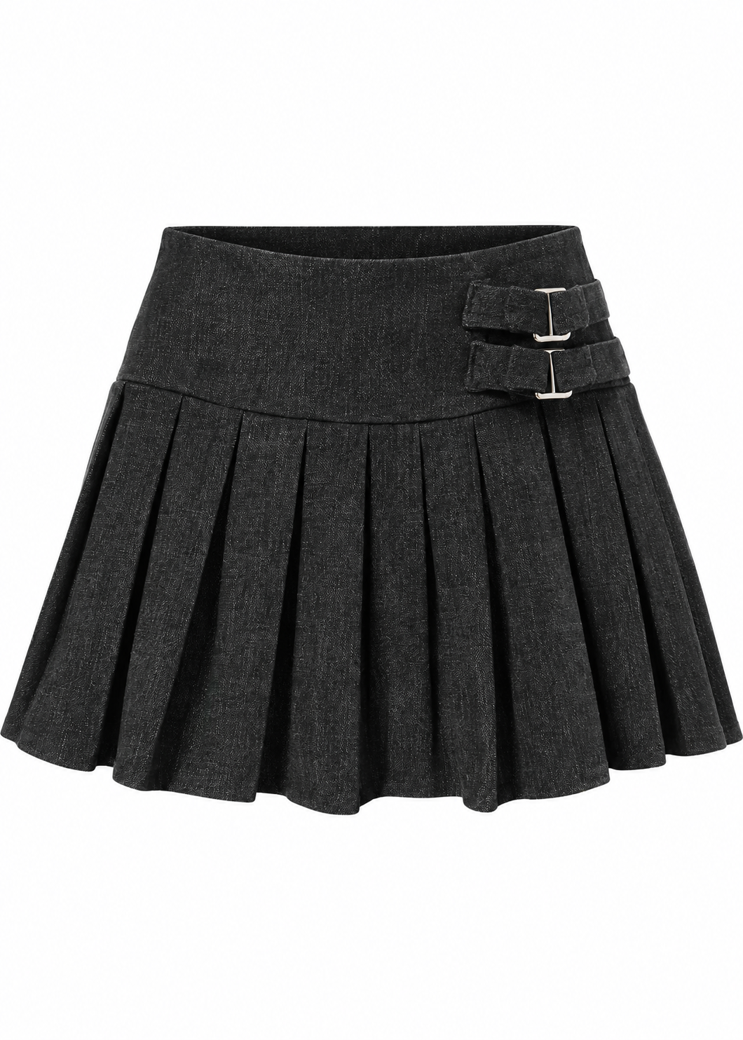 Front view of a black pleated mini skirt with a wide waistband and double side buckle straps