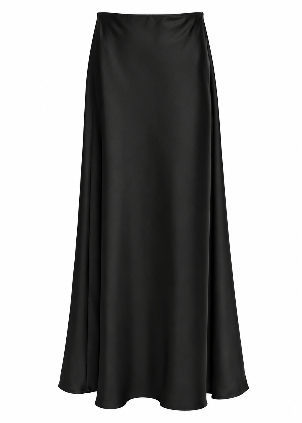 Model wearing a black satin-look midi skirt with a black strapless top