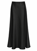 Model wearing a black satin-look midi skirt with a black strapless top