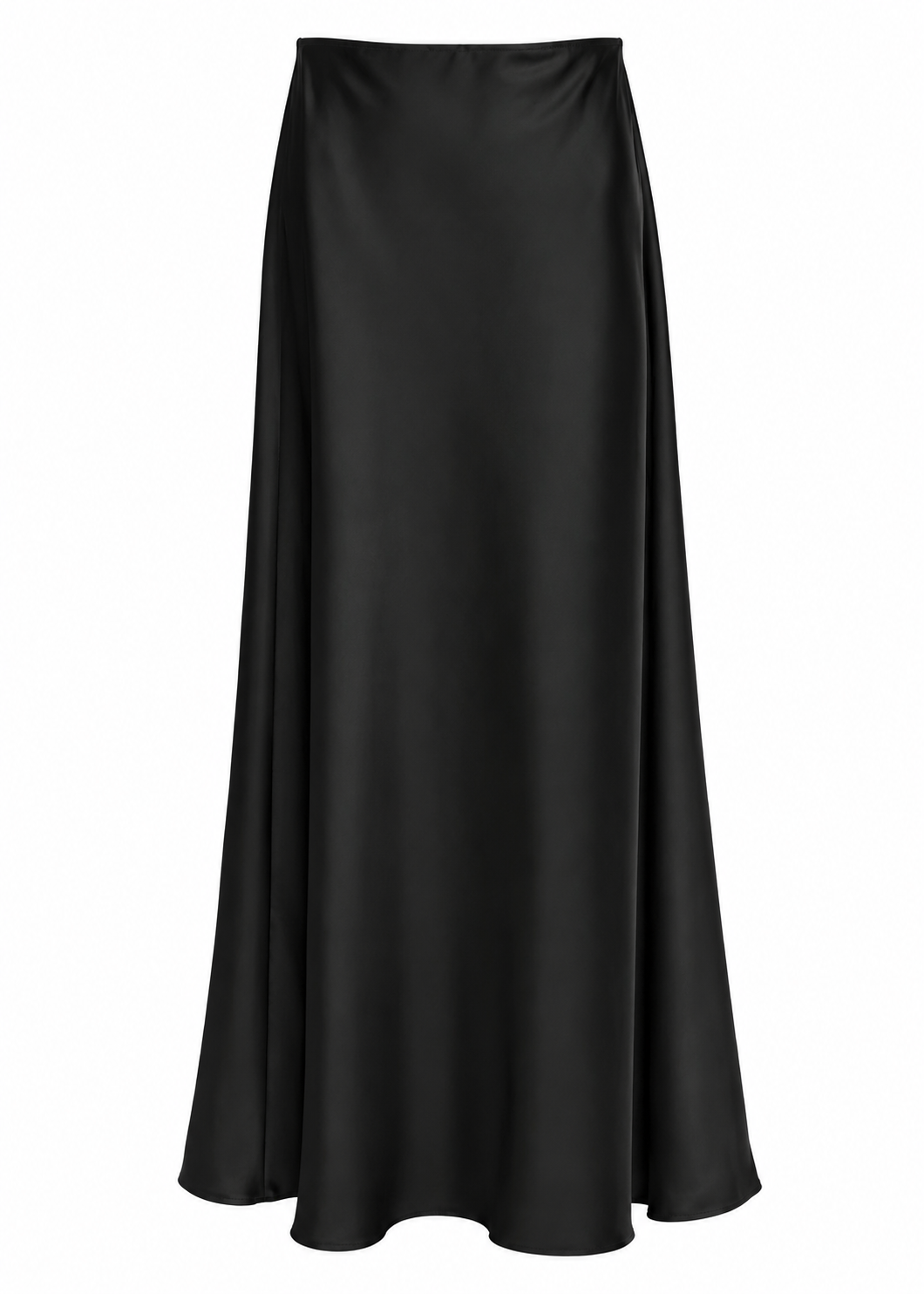 Model wearing a black satin-look midi skirt with a black strapless top