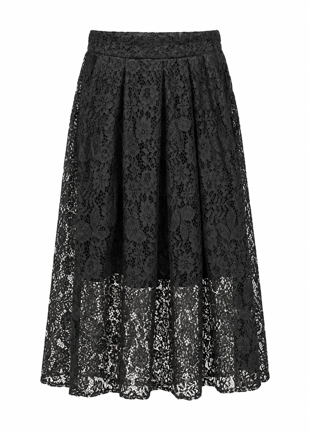 Model wearing a black floral lace midi skirt with a sheer lace hem