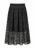 Model wearing a black floral lace midi skirt with a sheer lace hem