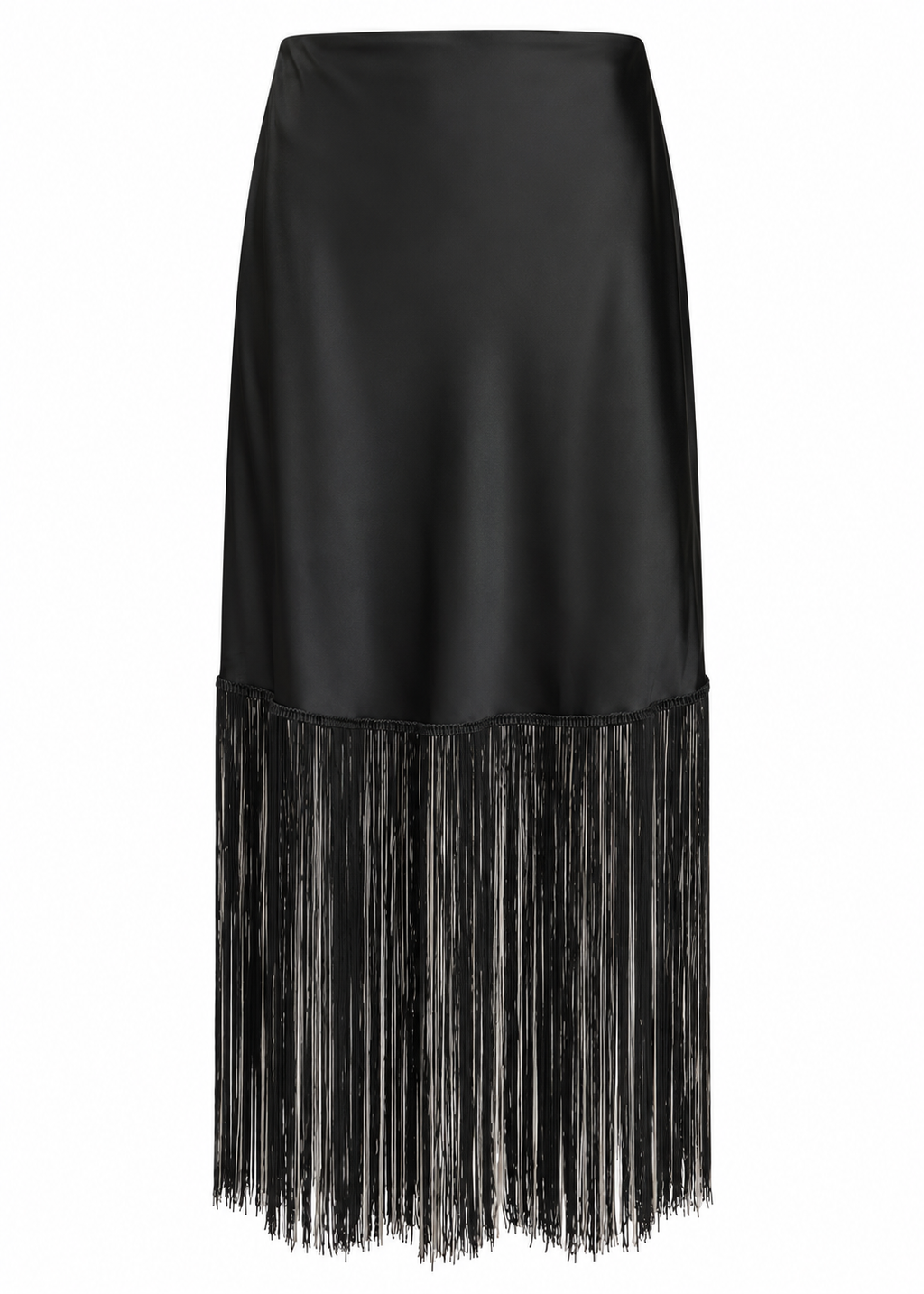 Model wearing a black midi skirt with a long fringe hem