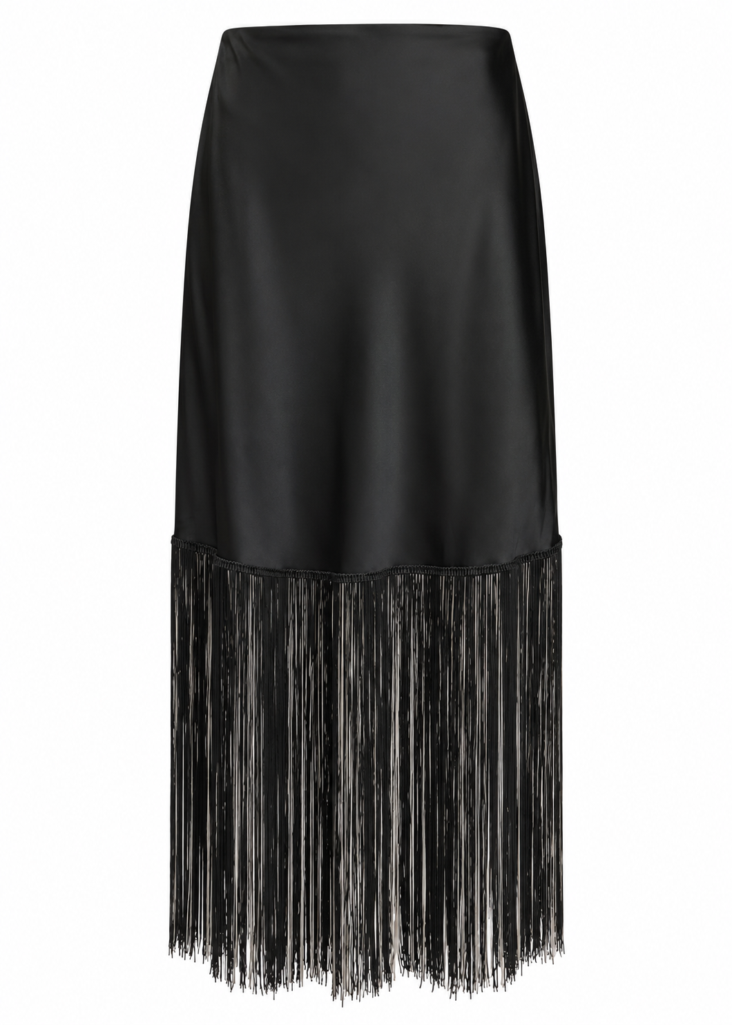 Model wearing a black midi skirt with a long fringe hem