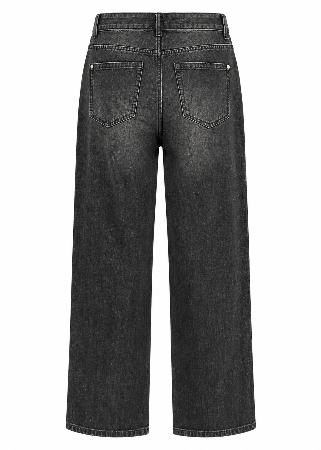 Model wearing washed black wide-leg jeans with a black sleeveless top
