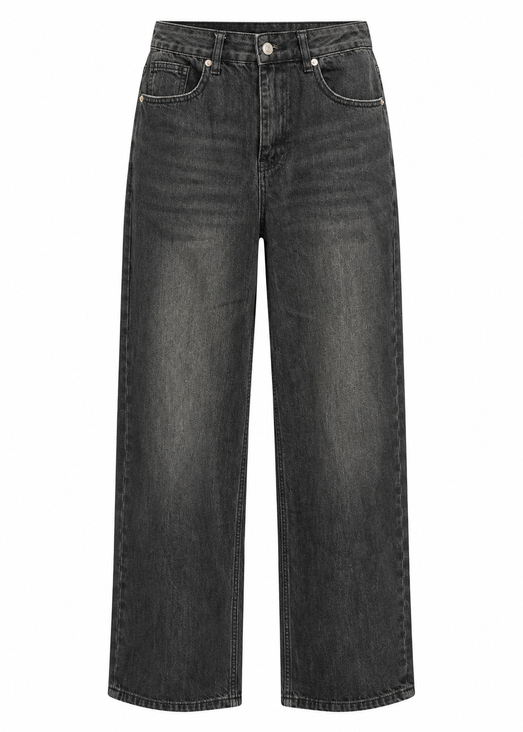 Front view of washed black high-rise wide-leg jeans with classic front pockets