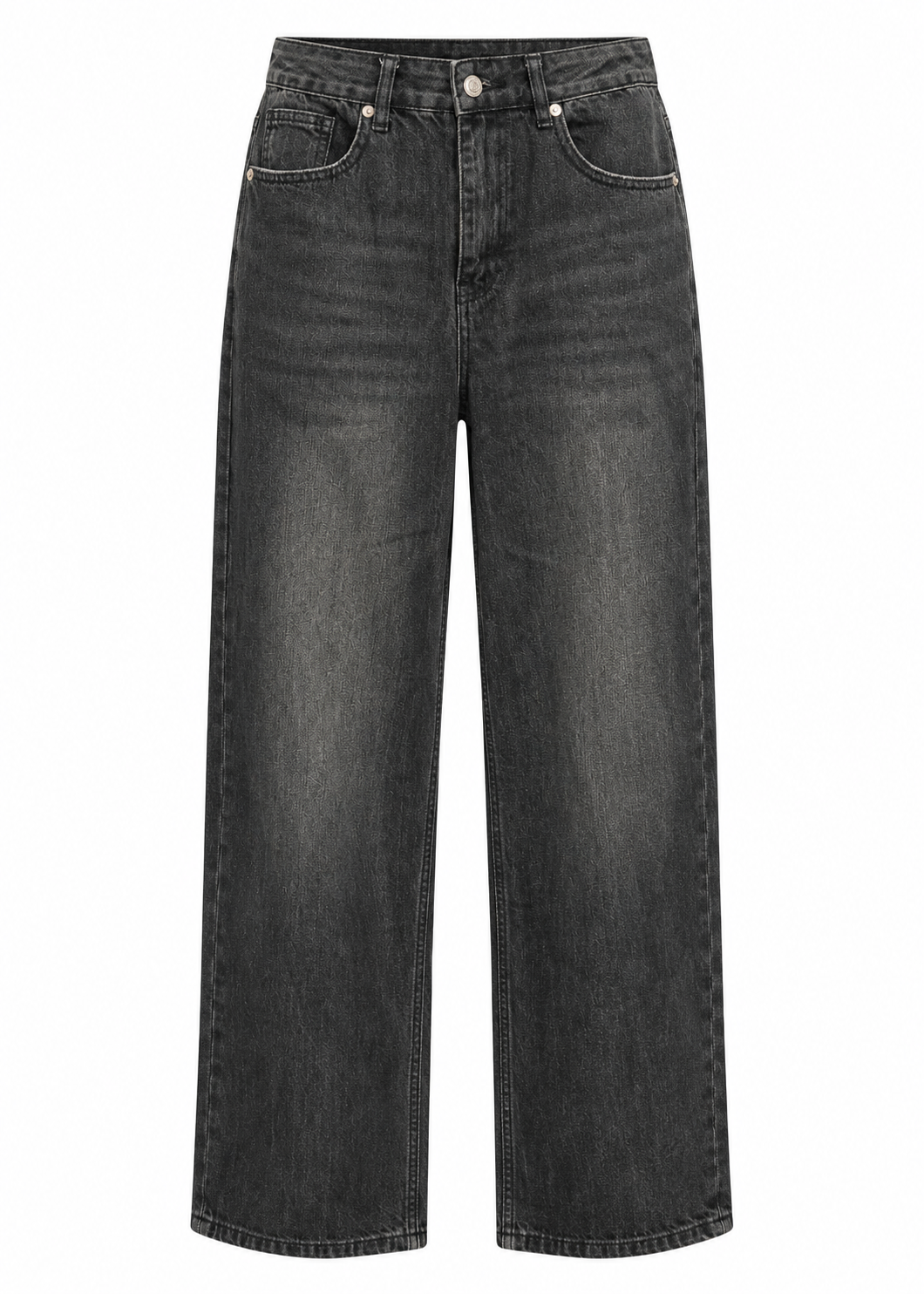 Front view of washed black high-rise wide-leg jeans with classic front pockets