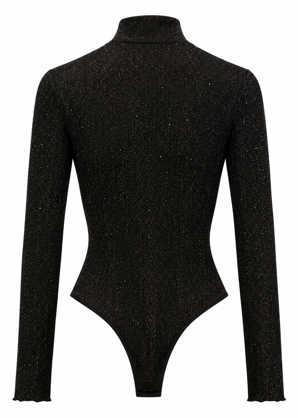 Back view of a black high-neck long-sleeve bodysuit with metallic flecks