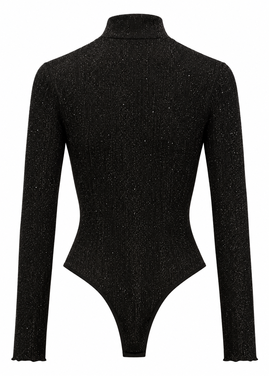 Back view of a black high-neck long-sleeve bodysuit with metallic flecks