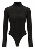 Front and back views of a fitted black long-sleeve bodysuit with metallic flecks and a high neckline