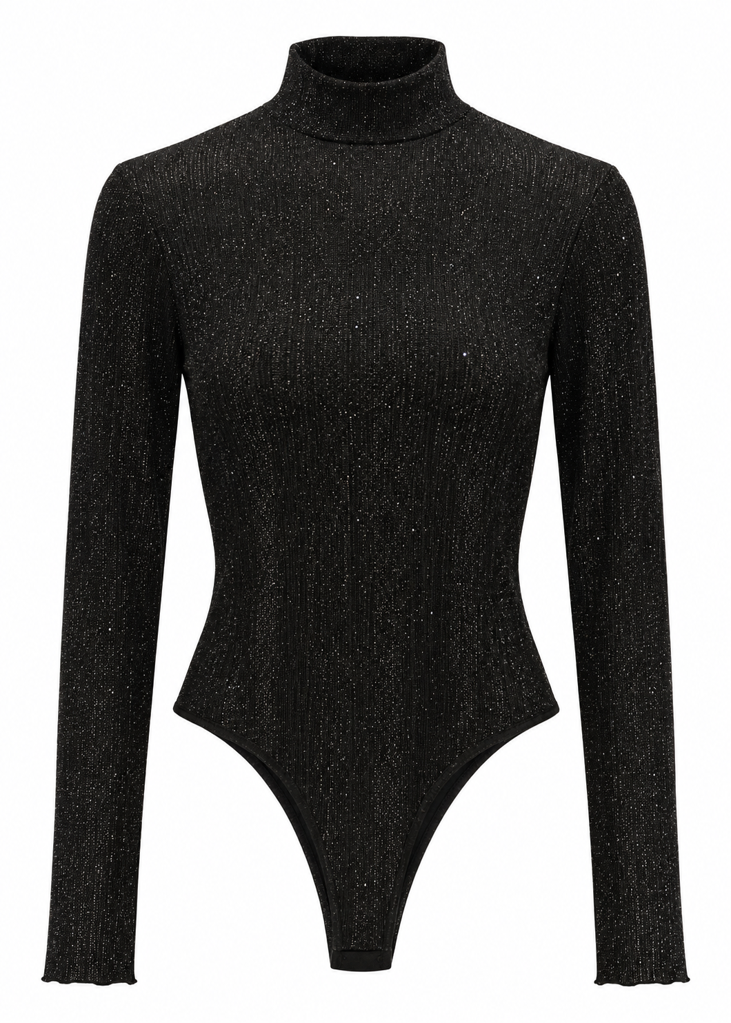 Front and back views of a fitted black long-sleeve bodysuit with metallic flecks and a high neckline