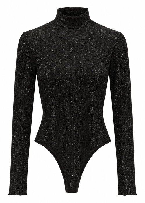Front and back views of a fitted black long-sleeve bodysuit with metallic flecks and a high neckline