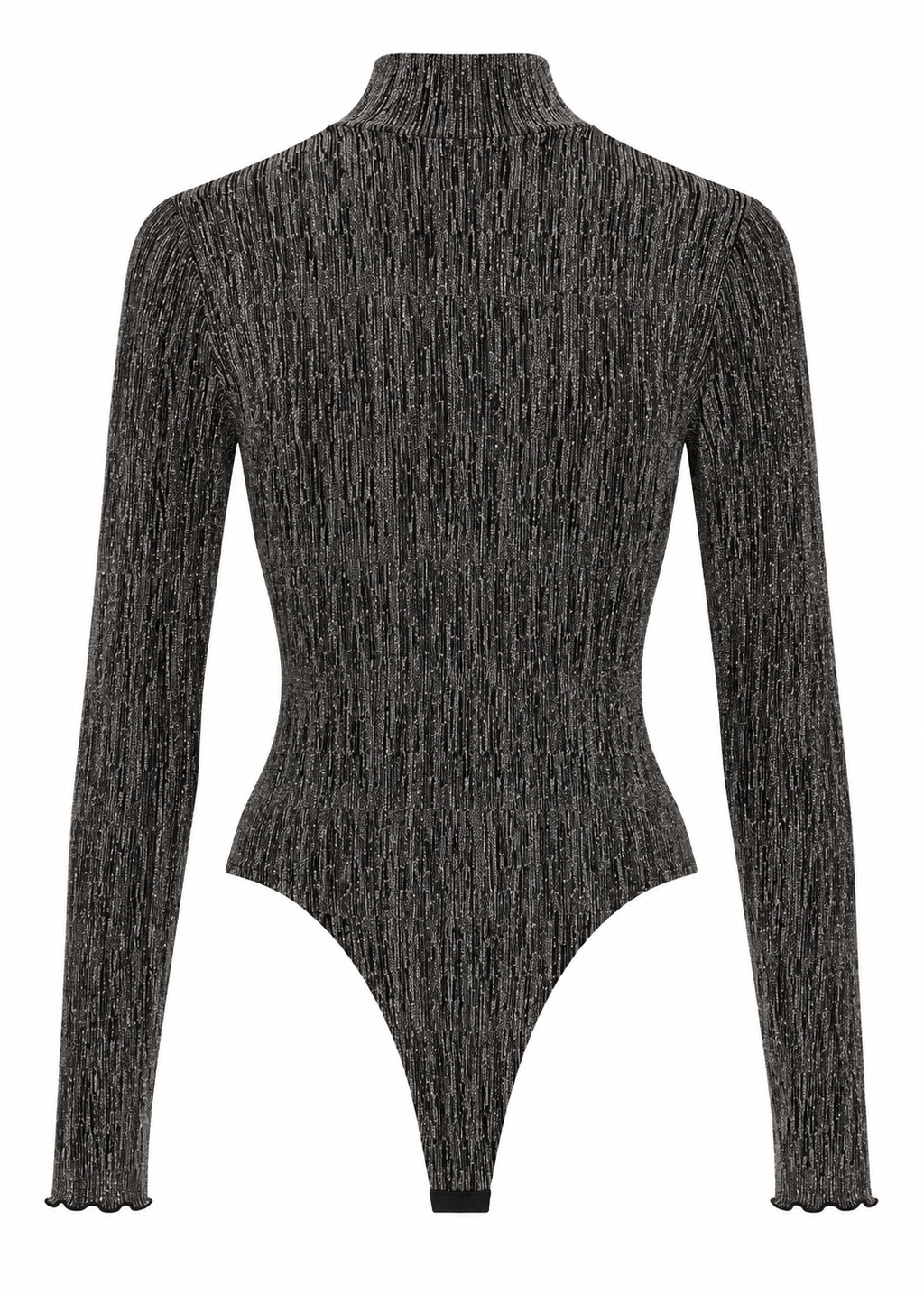 Front view of a black high-neck long-sleeve bodysuit with fine metallic vertical detailing