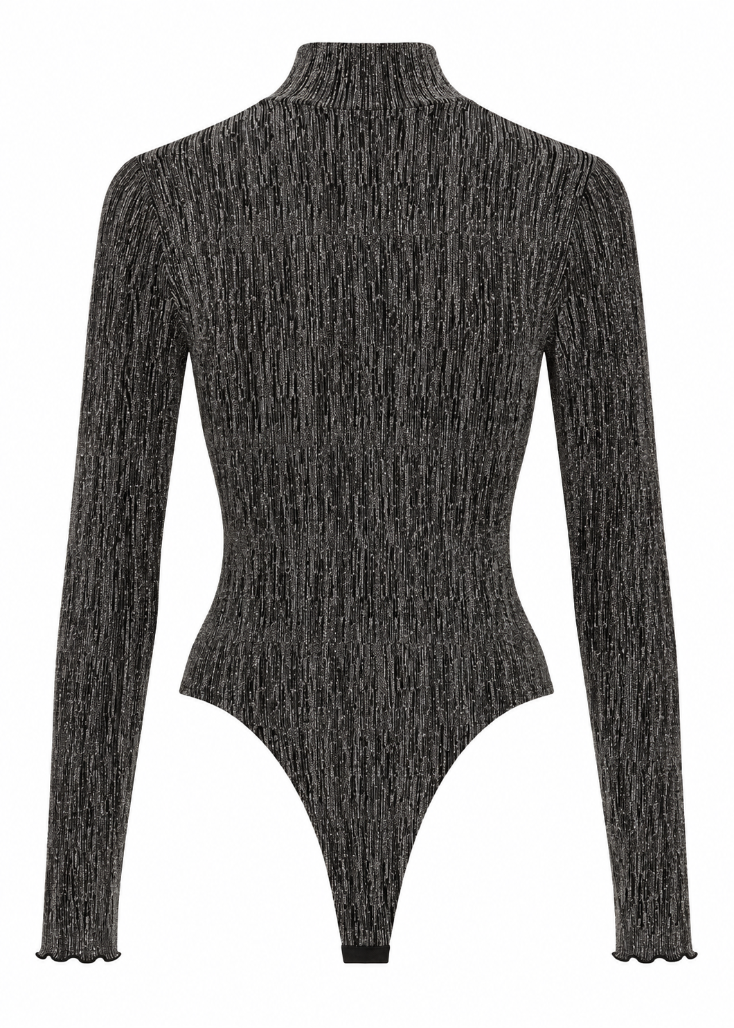 Front view of a black high-neck long-sleeve bodysuit with fine metallic vertical detailing