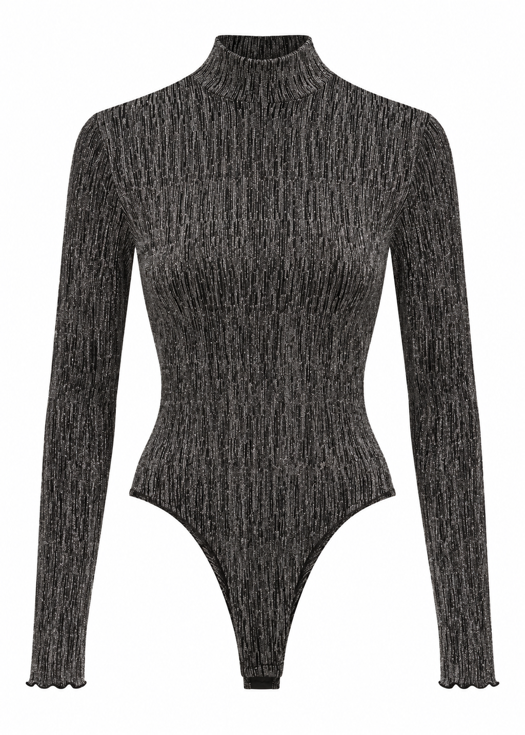 Model wearing the black high-neck metallic-stripe bodysuit, shown from the front and back